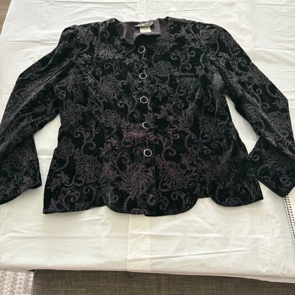 R & K Evening Vintage Jacket Black with Multi-Colored Beading Size 16 EUC